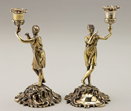 Fox Family Sterling Silver Gilt Figural Cast Candlesticks (Pair) - Charles Thomas Fox, George Fox